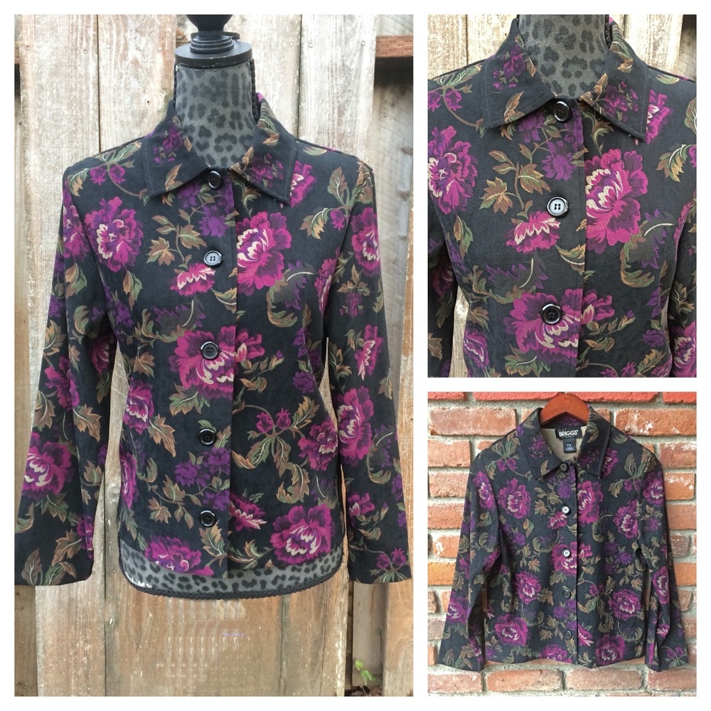 Briggs New York Black and Plum Purple Floral Long Sleeve Blouse - Size P/S